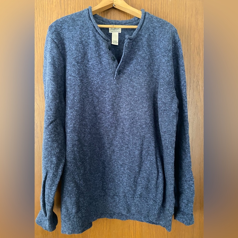 Men’s Blue LL Bean Cotton Roll Neck Henley Sweater
